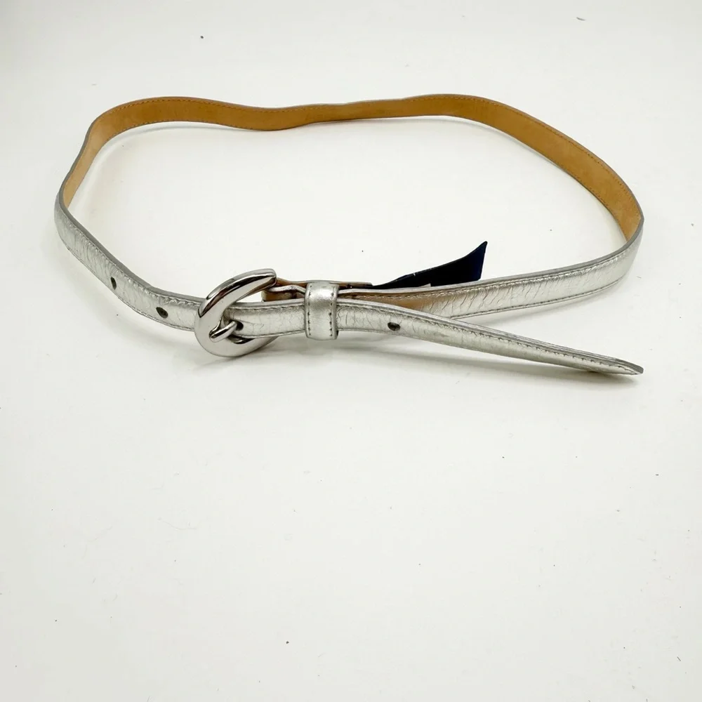 Vineyard Vines Silver Leather Skinny Belt With Silver Buckle, Size XS